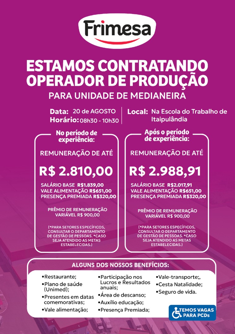 Imagem da vaga VAGA OPERADOR DE PRODUÇÃO (FRIMESA)